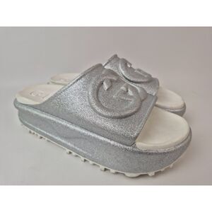Gucci Miami Platform Slides Interlocking GG Glitter Rubber Sandal Silver Size 41